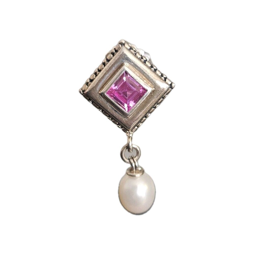 Michael Dawkins 925 Sterling Silver Pink Sapphire Pearl Earrings 1.5" 14k Posts